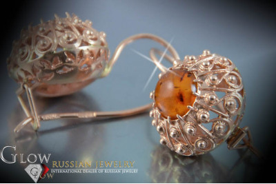 Oro rosa de plata soviético ruso chapado en oro 925 Pendientes de ámbar veab007